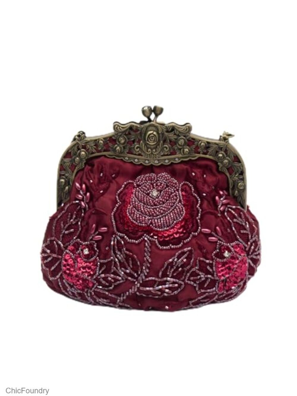 Beaded Rose Evening Clutch Kiss Lock Purse with 2 Chains for Women